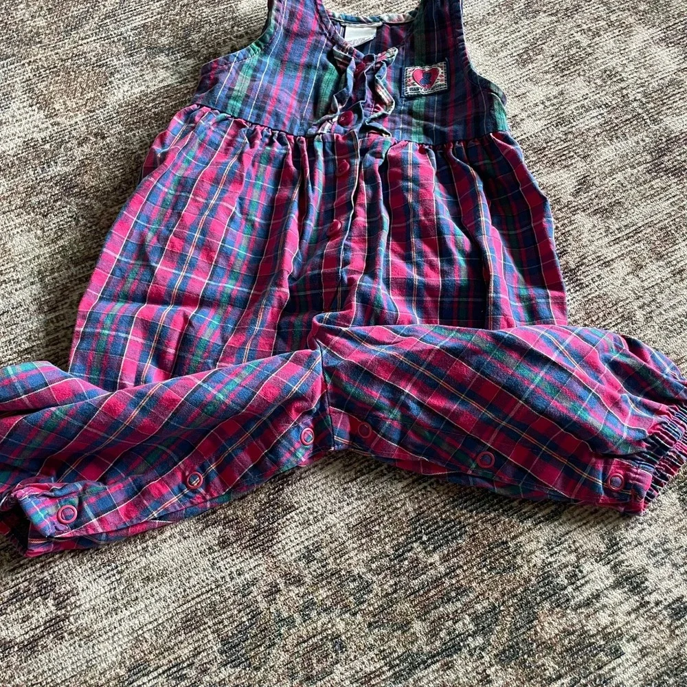 OshKosh B'gosh Romper Pink Plaid Ruffle Heart Patch Baby Girl 6-9M Vintage
